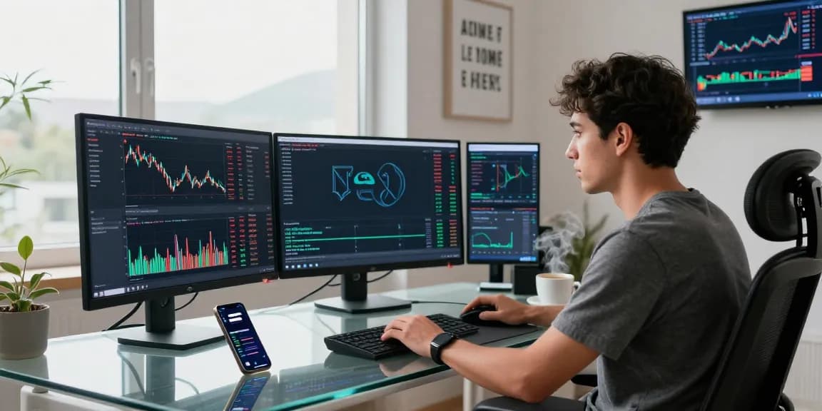 Trader using NAGA2000 platform in modern office setup with multiple screens and cryptocurrency charts.