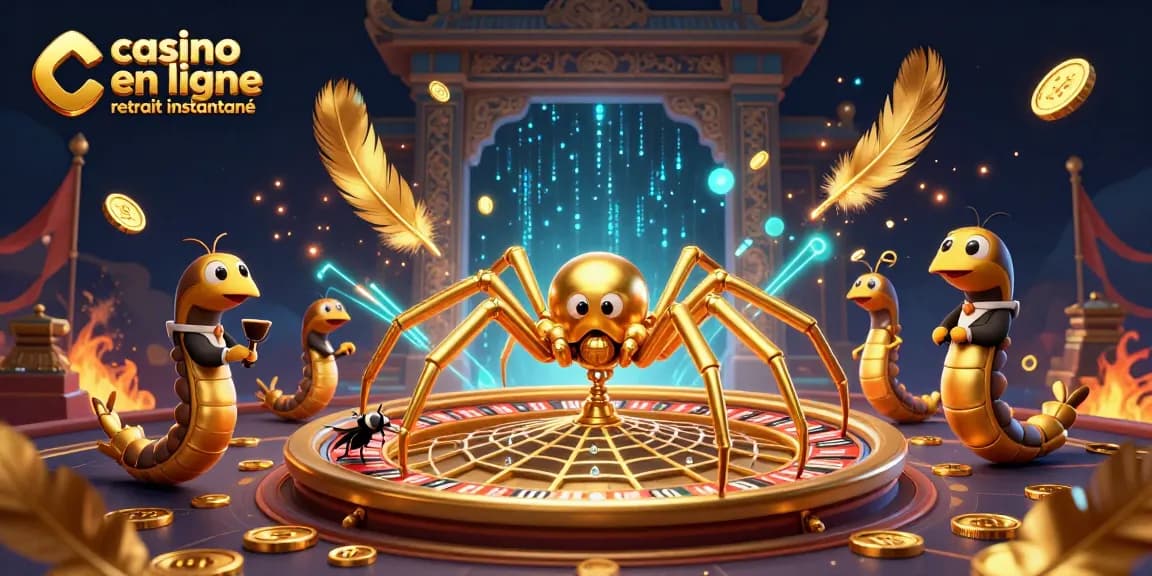 Jeu filmé de casino en ligne retrait instantané avec une araignée d'or et un croupier centipède.