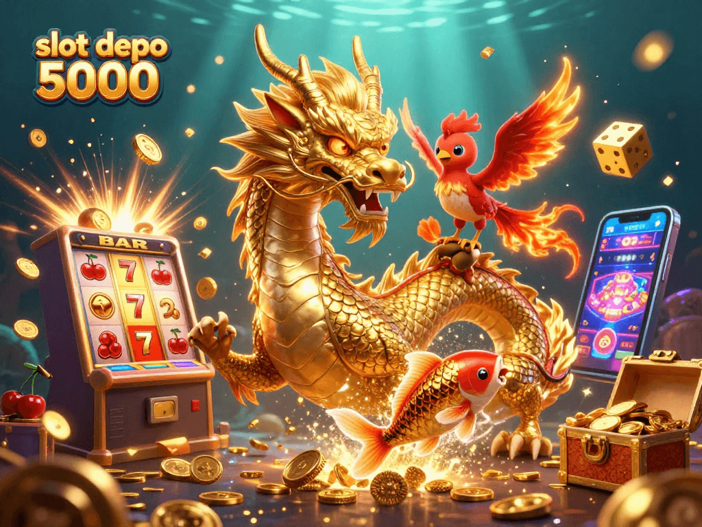 Win big with slot depo 5000, featuring a golden dragon and dazzling slot machine!