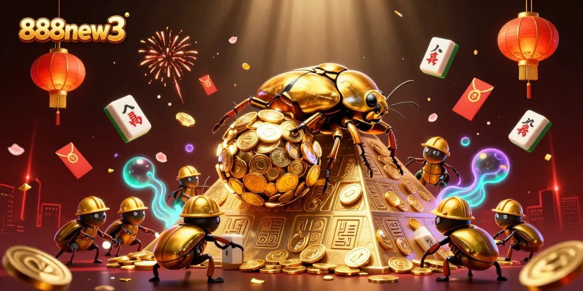 Experience lively gameplay with 888new3 featuring golden beetles and casino symbols.