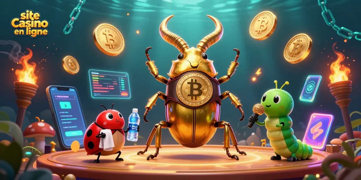 Découvrez le site casino en ligne avec une illustration dynamique d'un scarabée doré et des éléments de jeu
