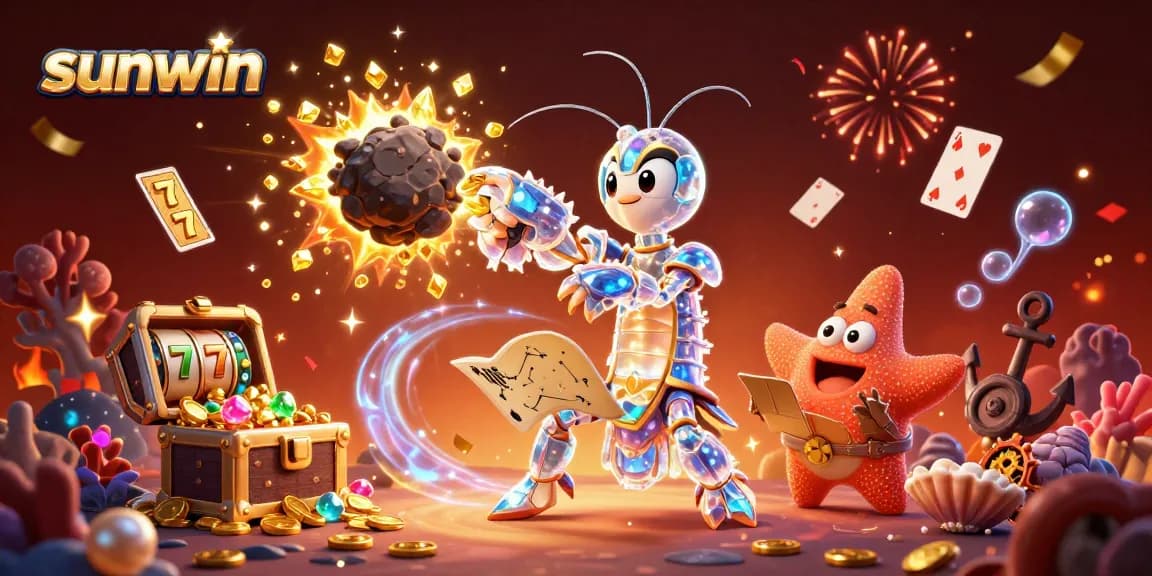 sunwin showcases a galactic mantis shrimp hitting an asteroid, exploding treasures and vibrant slot elements