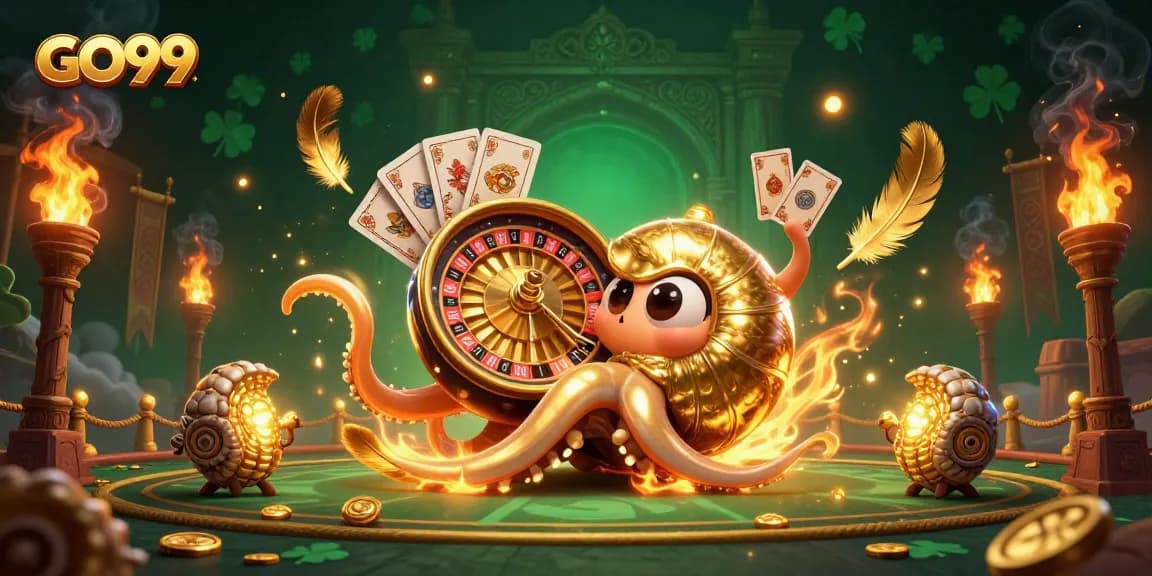 Experience the thrill of GO99 in this vibrant casino scene with a giant nautilus and glowing gold elements.