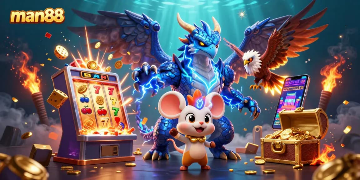 Experience thrilling jackpots with man88 in this vibrant casino illustration featuring exciting game elements.