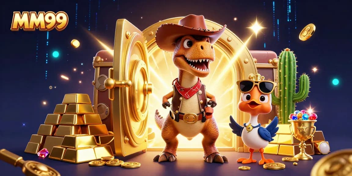Engage with MM99's thrilling casino experience featuring a dynamic cowboy T-Rex, cactus, and roadrunner!