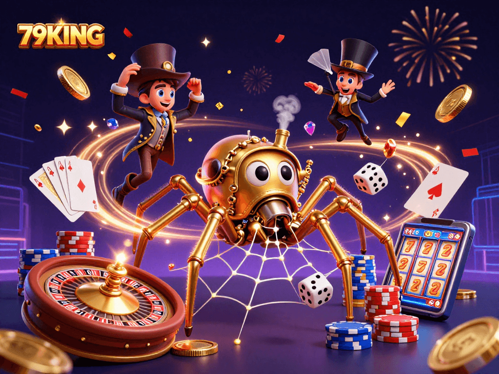 79KING entices players with a dynamic steampunk casino scene featuring lucky coins and cards.