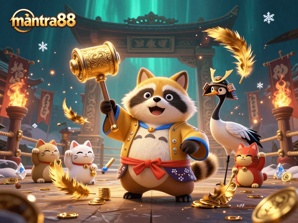 Experience the thrill of mantra88 action with a colorful raccoon and lucky cats in a festive casino setting.