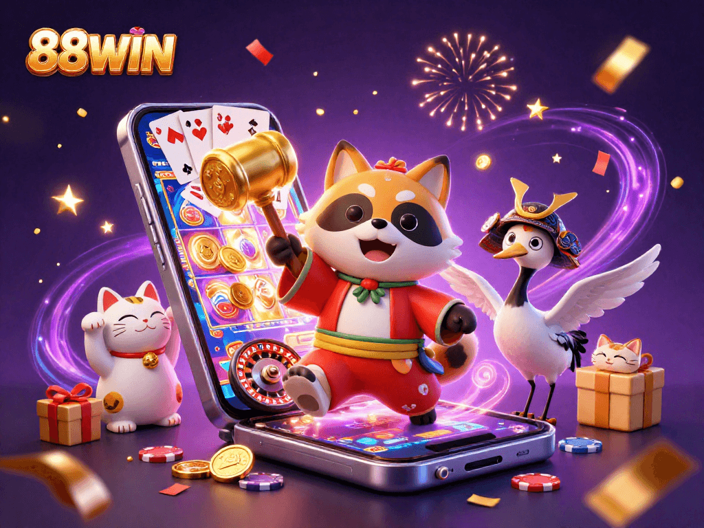 88WIN players enjoying a vibrant casino scene with games and festive characters.