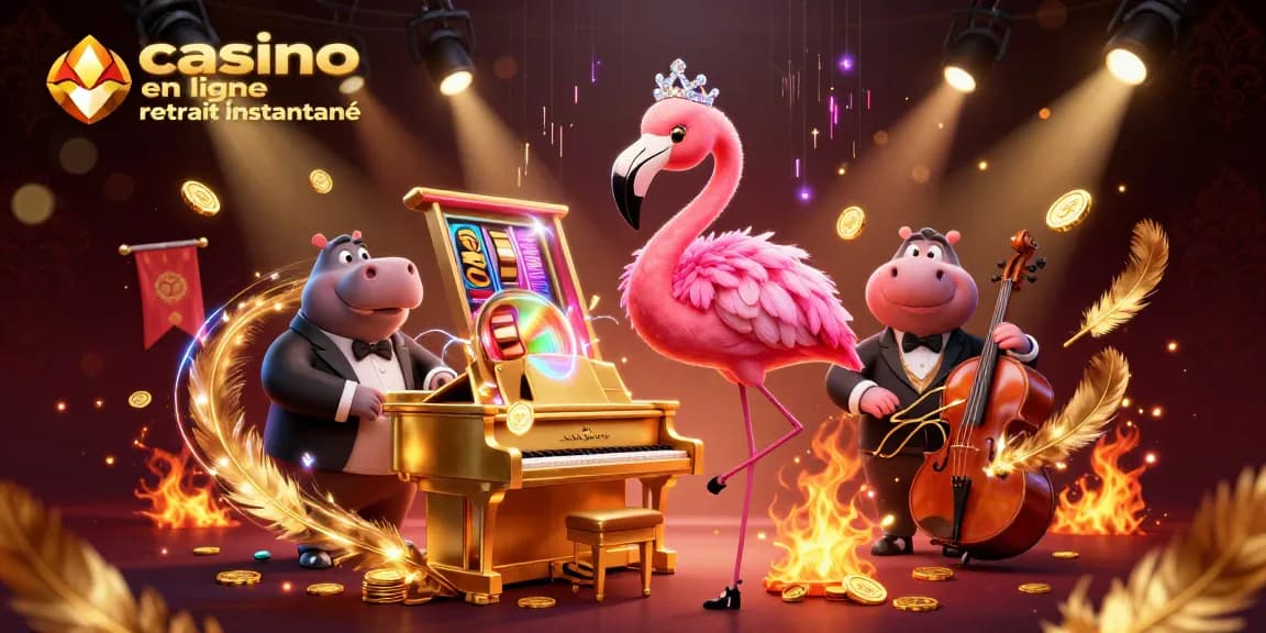 Illustration colorée d'un casino en ligne retrait instantané avec un flamingo chanteur et un hippopotame musicien, ambiance feutrée.