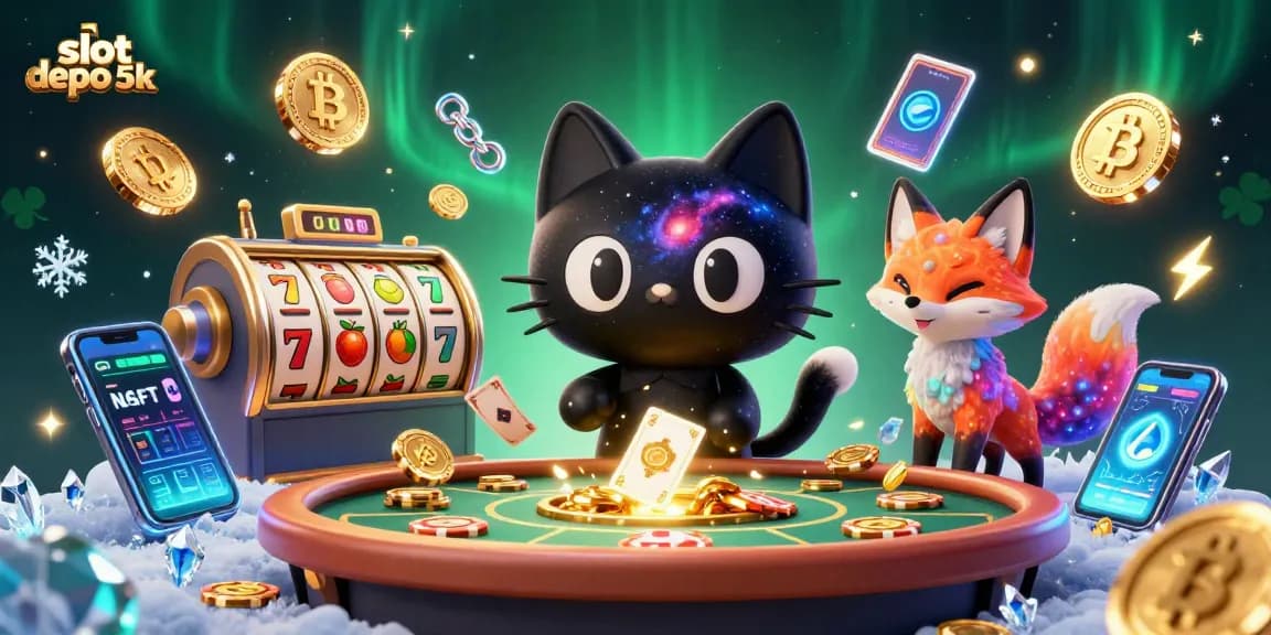 Permainan slot depo 5k dengan karakter menarik yang menarik chip dan kartu emas di kasino.