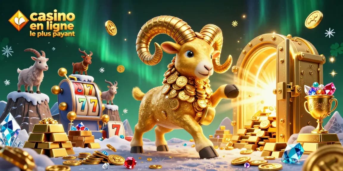 Illustration dynamique représentant le casino en ligne le plus payant avec un bélier doré et des jeux de machines à sous.