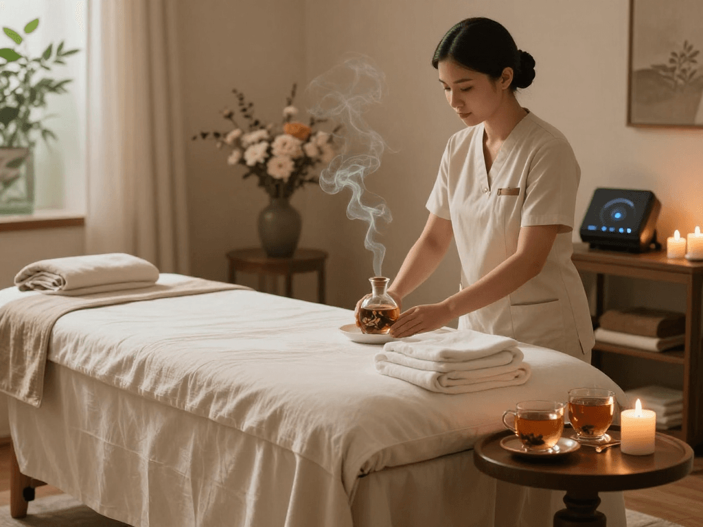 Relaxing therapy room showcasing mantra 88 atmosphere with calming decor and soothing elements.