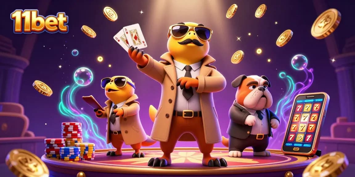 Experience the excitement of 11bet with three raptors hilariously sneaking into a casino scene surrounded by dynamic game elements.