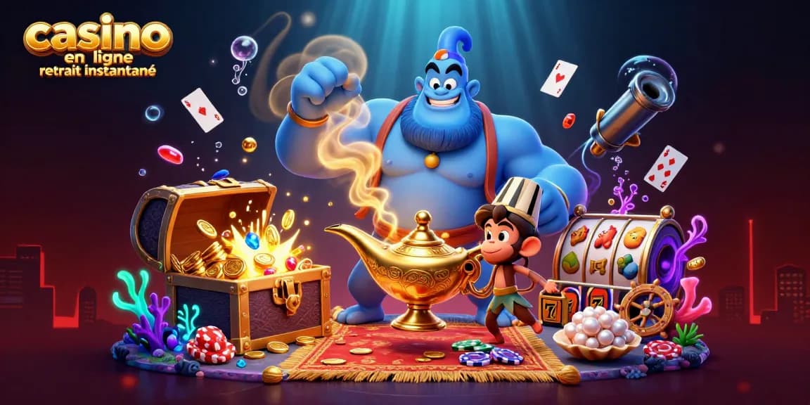 Casino en ligne retrait instantané, jeu dynamique avec des personnages et des symboles de casino.