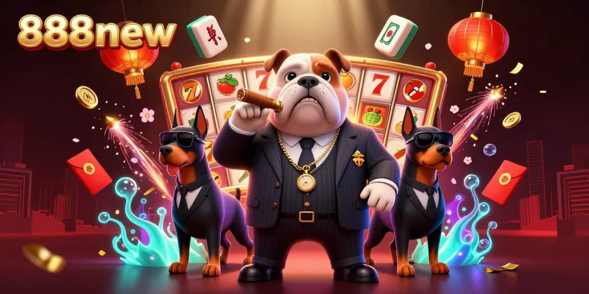 Exciting 888new casino illustration showcasing a bulldog mafia boss, slot reels, and dynamic gaming elements.