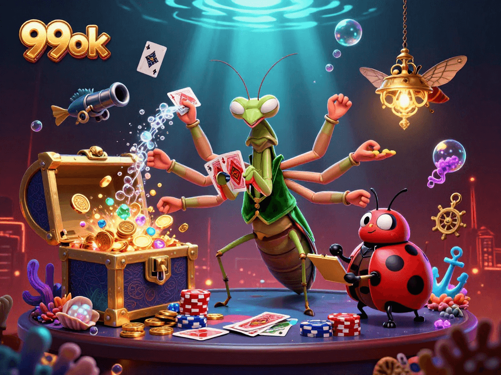 Engaging 3D illustration of 99ok casino scene with characters and vibrant gaming elements.