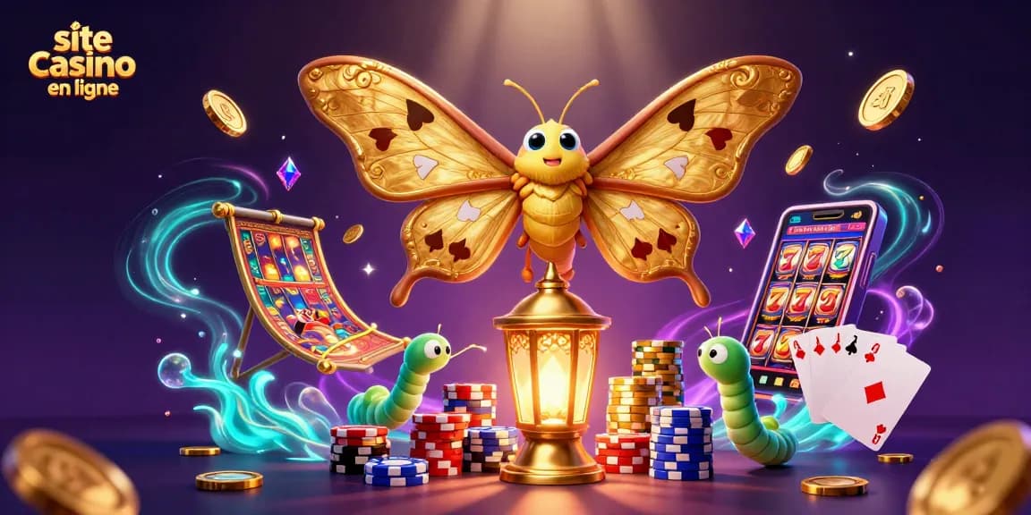 Illustration d'un site de casino en ligne avec un papillon atlas, des pièces d'or et des rouleaux de machines à sous.