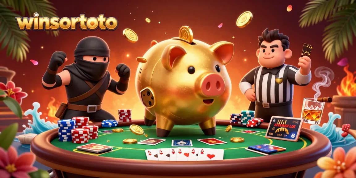 Memenangkan jackpot di winsortoto dengan kasual yang seru, suasana penuh warna.