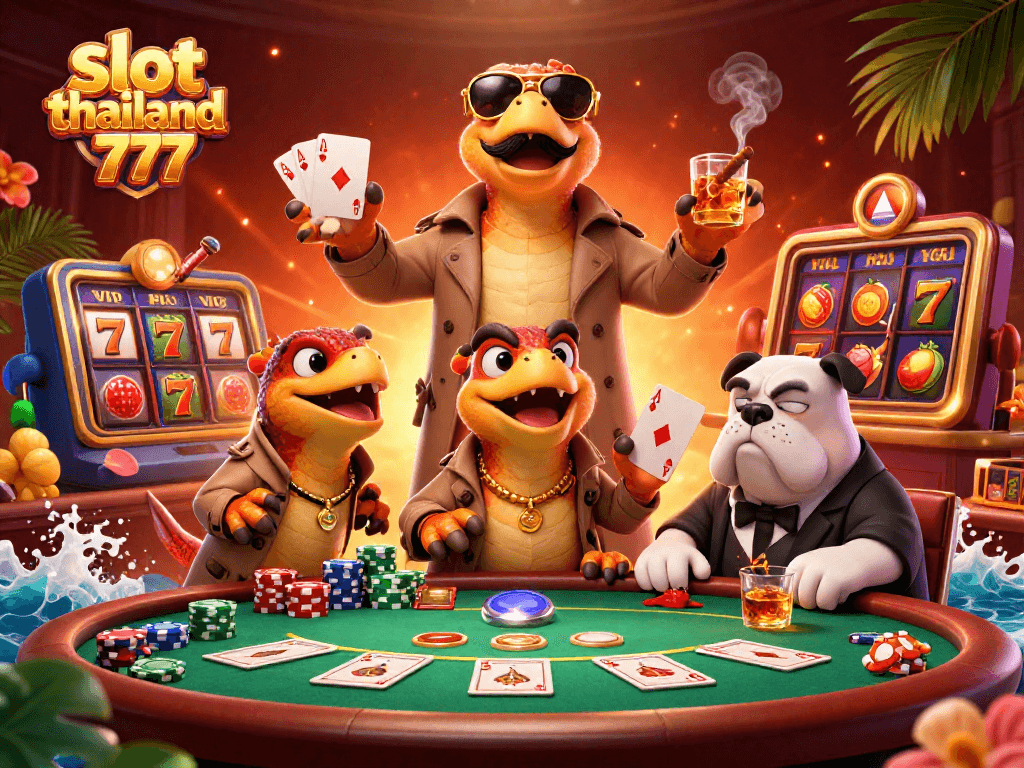 Join the fun at slot thailand 777 with raptors in a trench coat entering a casino, complete with vibrant game elements.