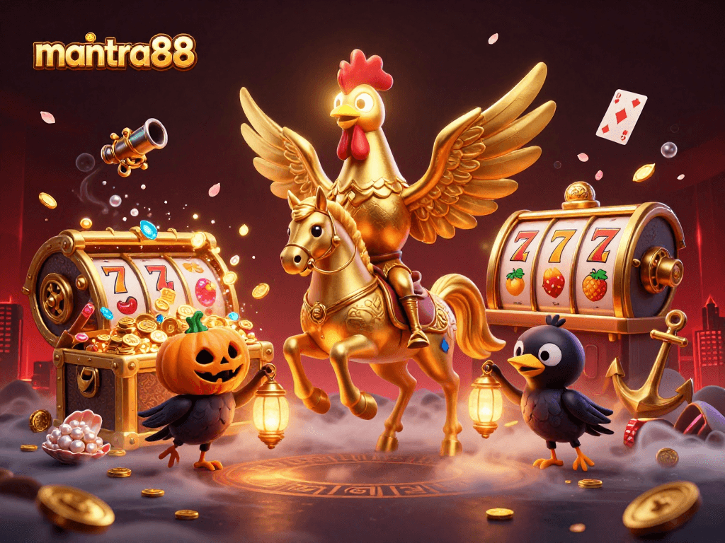 Experience the thrill of mantra88 as a golden rooster rides through a vibrant midnight casino, amidst sparkling treasures.