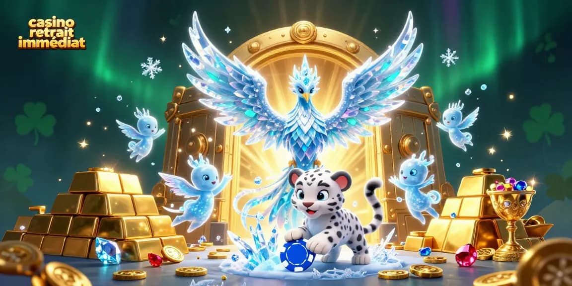 Profitez du casino retrait immédiat avec une illustration dynamique de personnages de casino et d'éléments fantastiques.