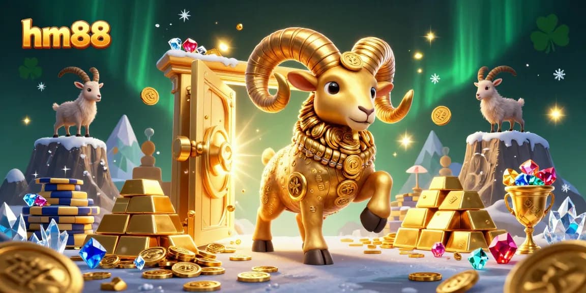 Experience the thrill of hm88 with a dynamic casino scene featuring a golden ram, gems, and treasure.