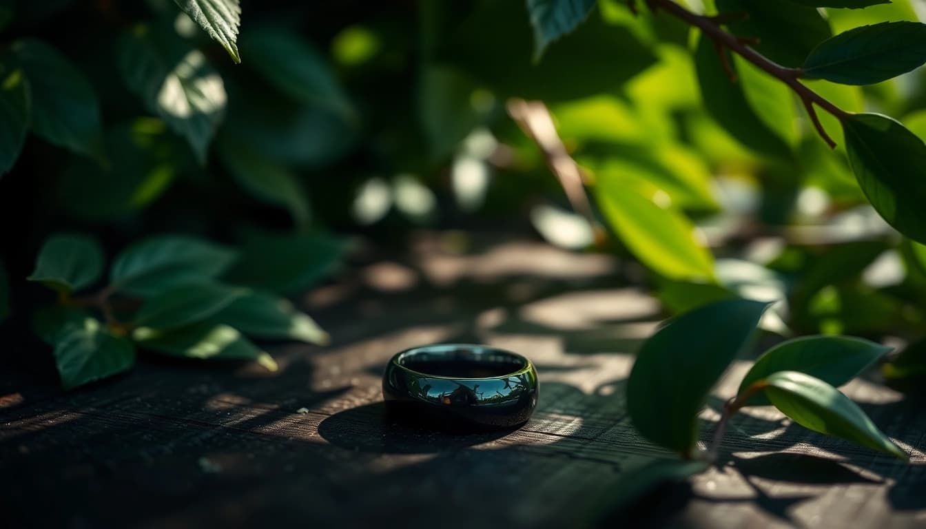 Showcase of exquisite Black Zirconium Rings resting on dark wood, highlighted by nature's greenery.