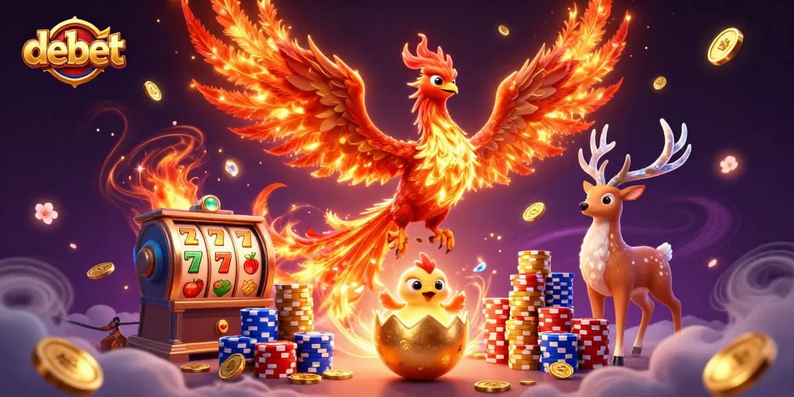 Experience the magic of debet's casino world with a stunning illustration of a fire phoenix, golden coins, and slot reels.