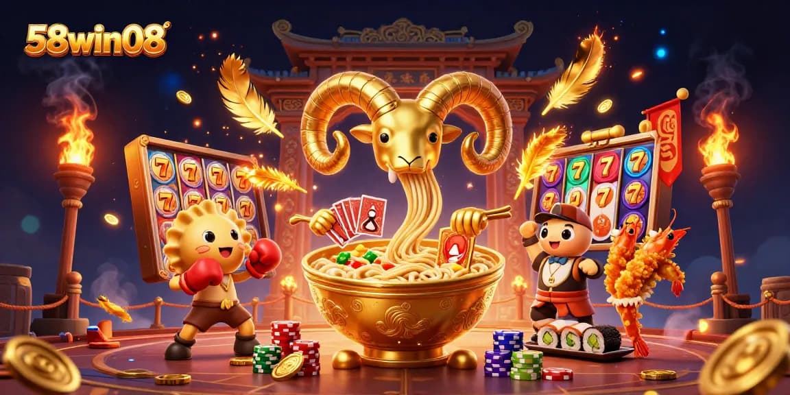 Join the excitement at 58win08's lively casino scene with dynamic slot gameplay and colorful characters.