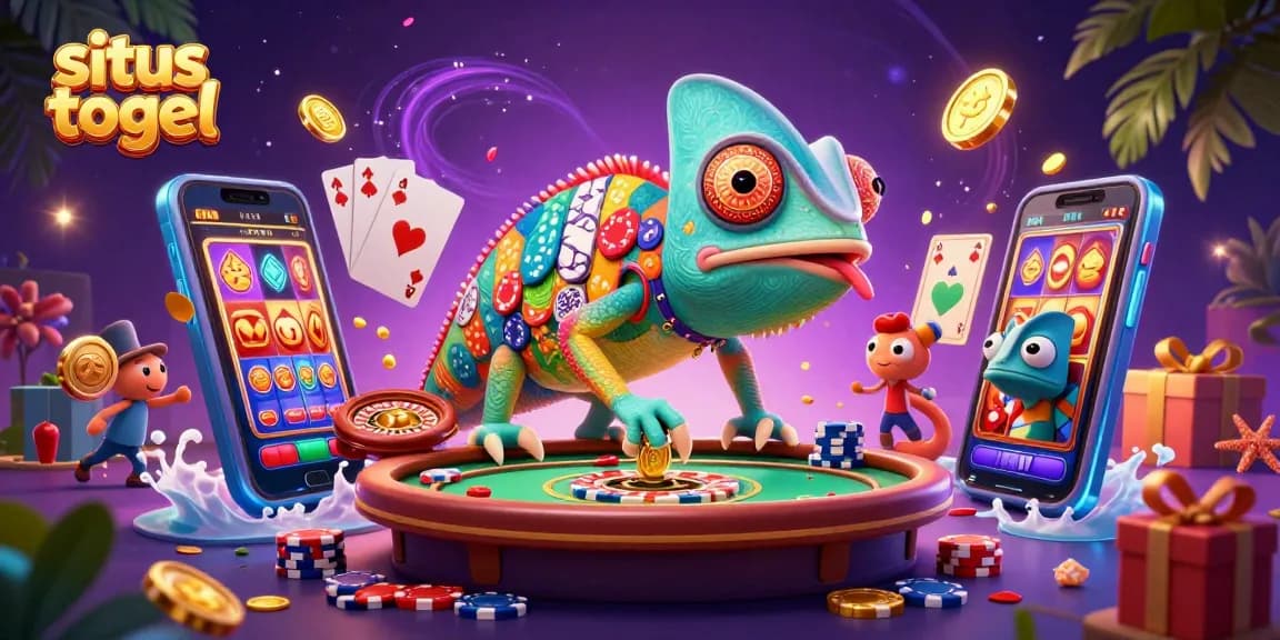 situs togel gaming scene with vibrant chameleon owner and dynamic casino elements