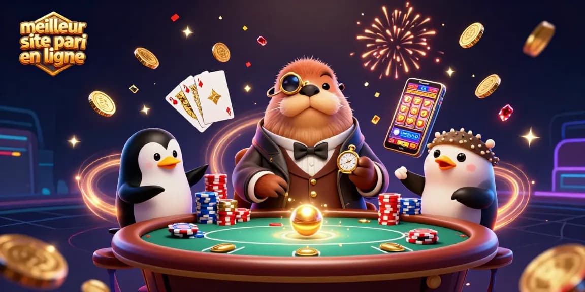 Présente le meilleur site pari en ligne avec une illustration festive de paris, montrant un joueur blaguant et du dealer.