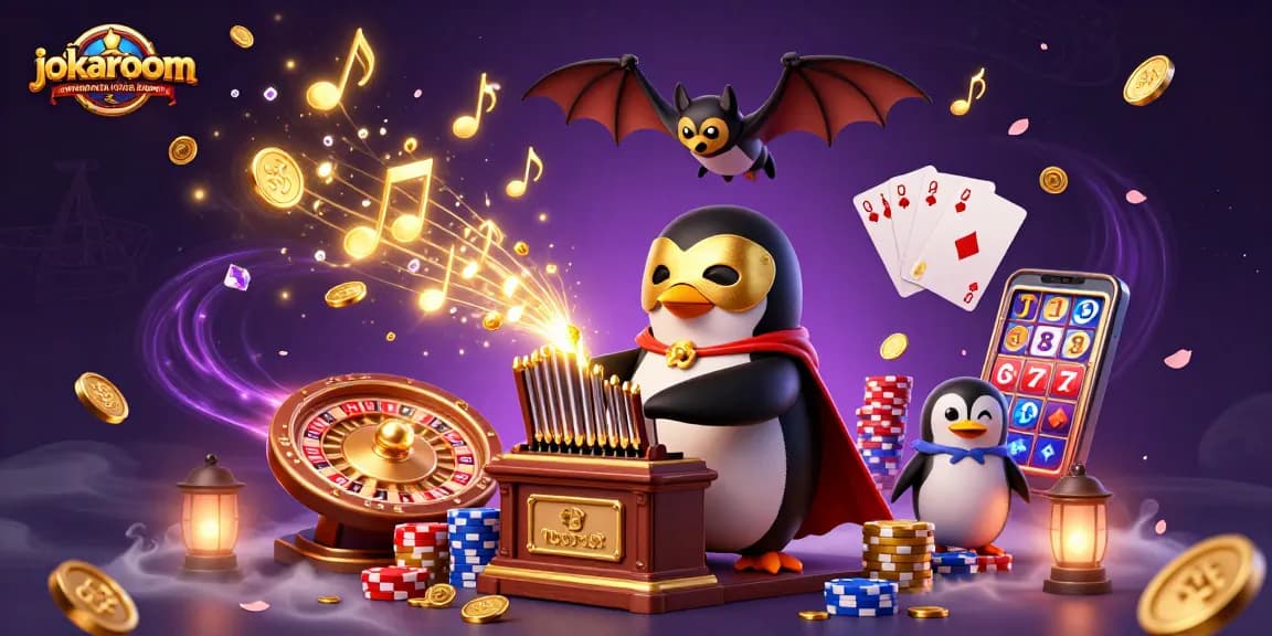 Experience jokaroom real money online baccarat with golden musical notes and vibrant casino elements.
