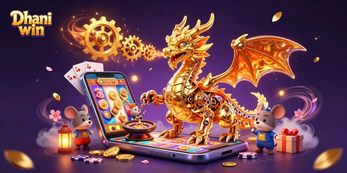 Dive into the gaming world of Dhani win with a vibrant scene featuring a golden dragon and exciting casino elements