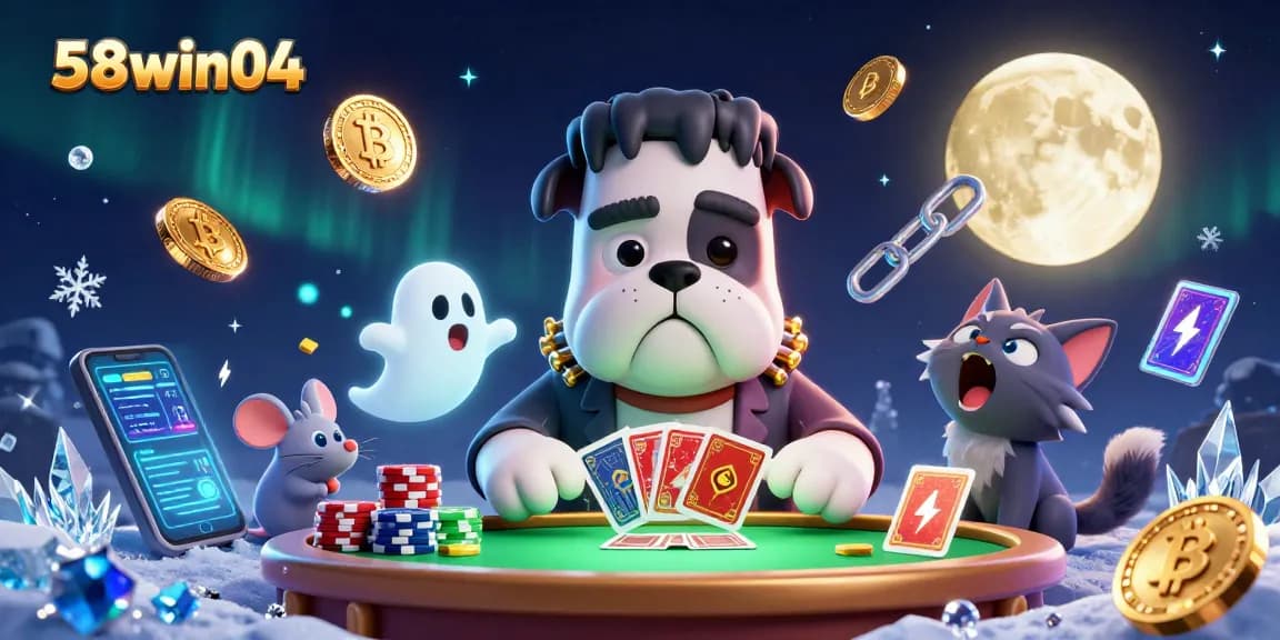 Play lively games at 58win04 with engaging characters and glowing crypto elements on a vibrant casino table.