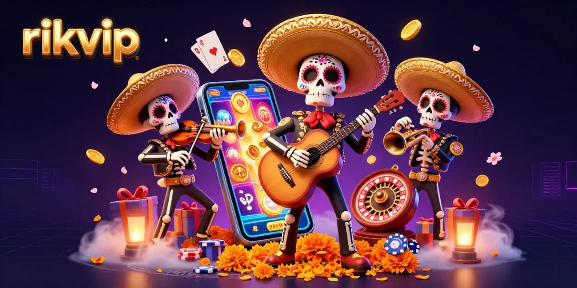 Experience thrilling gaming at rikvip with vibrant skeleton mariachi band, slot games, and exciting casino elements.