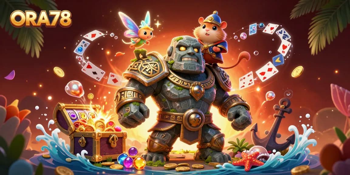ORA78 mempersembahkan ilustrasi 3D golem batu dan knight hamsternya, simbol keberuntungan dan permainan slot yang menakjubkan.