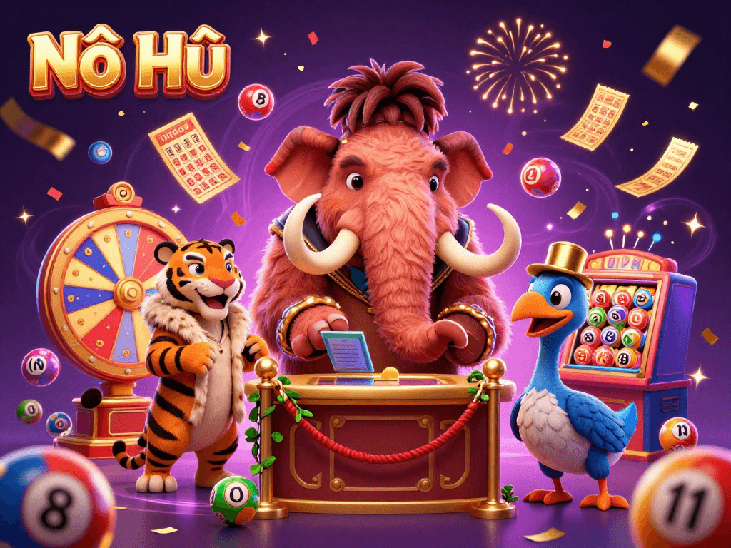 Nổ Hũ players experiencing vibrant casino energy with lottery elements and animal characters in a 3D gaming scene.