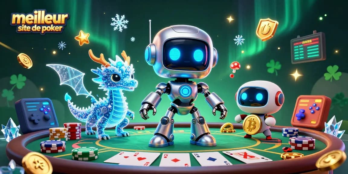 Jouez au meilleur site de poker avec une animation colorée de personnages robotisés et des tables de poker vibrantes.
