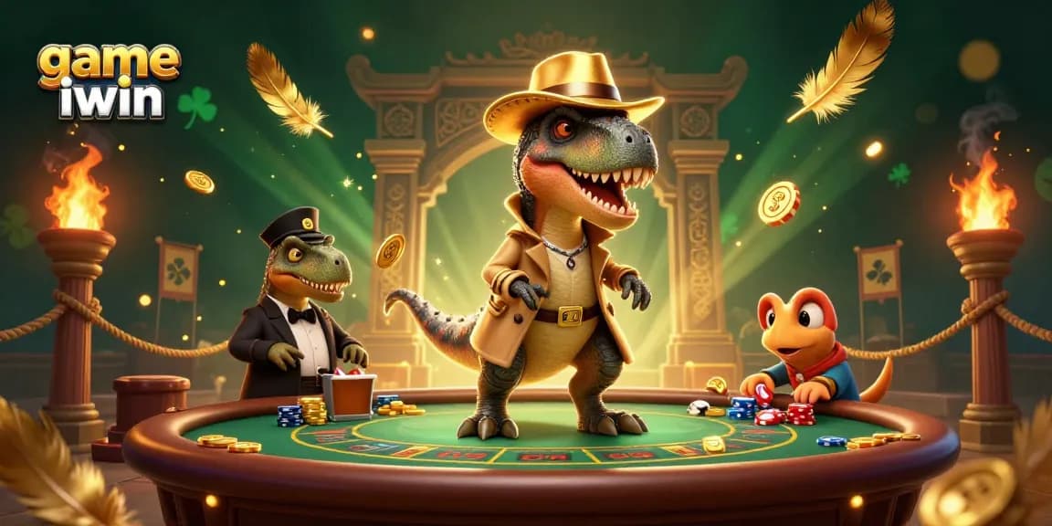 Experience the thrill of game iwin with a cleverly disguised velociraptor gambling at a blackjack table.