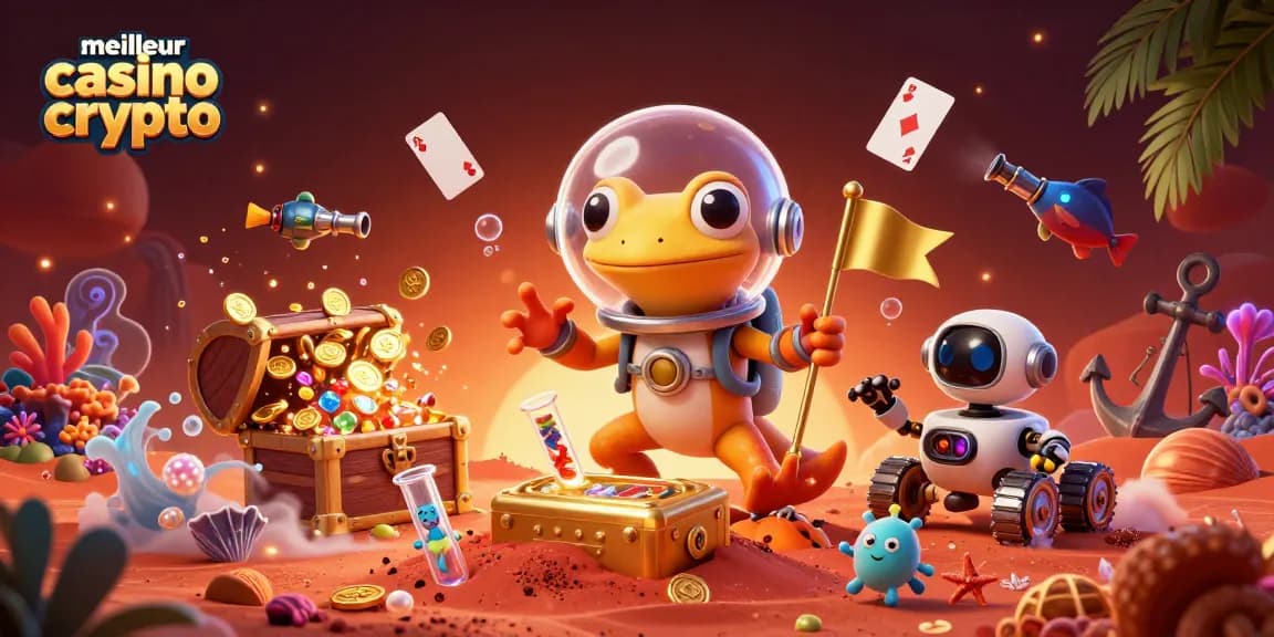Découvrez le meilleur casino crypto avec un gécko martien explorant un casino doré et des éléments de jeu captivants.