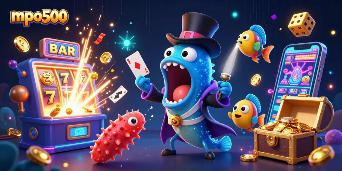 Experience mpo500's magic as a deep-sea gulper eel performs thrilling card tricks amidst vibrant casino elements.
