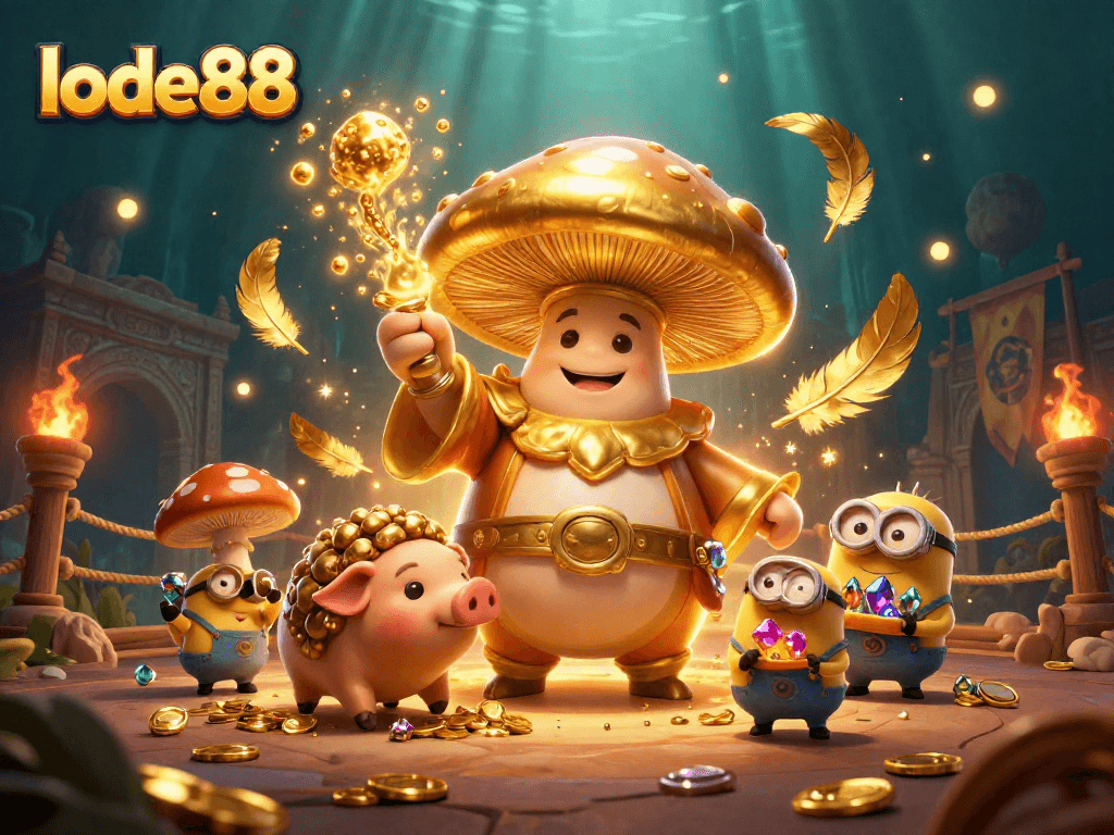 Join lode88's golden wizard and friends in a vibrant casino treasure hunt, filled with magical elements.