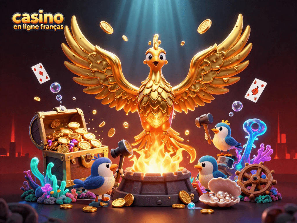 Vibrante illustration représentant un phoenix doré, des pièces de casino, et le texte "casino en ligne francais".