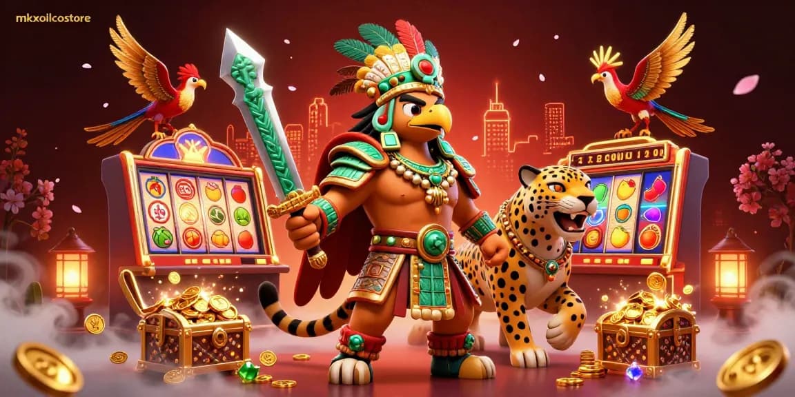 Experience big wins with mkxoilcostore through vibrant casino action, featuring Aztec warriors and dynamic slot game elements.