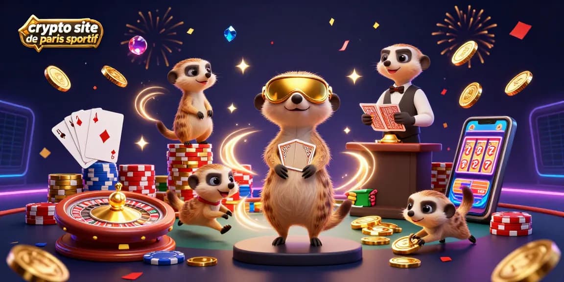 Pariez sur un site de paris sportif en cryptomonnaie avec des suricates gérant un casino animé rempli de pièces précieuses.