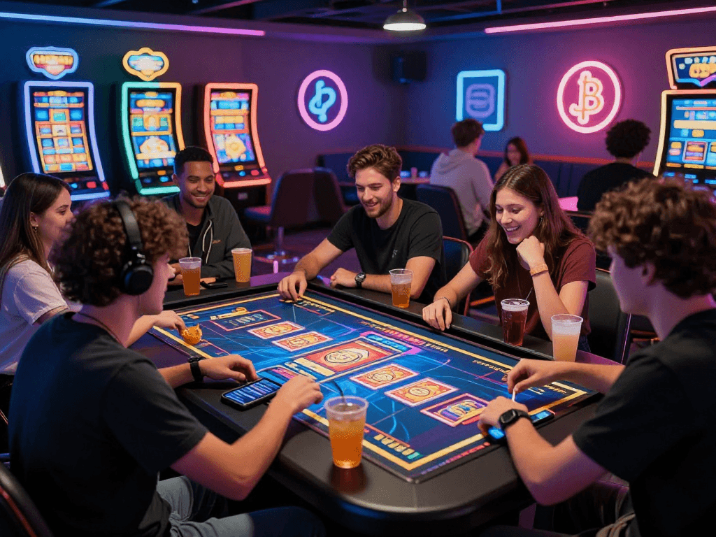 Engaging moment at a crypto casino gaming lounge with friends enjoying digital games.