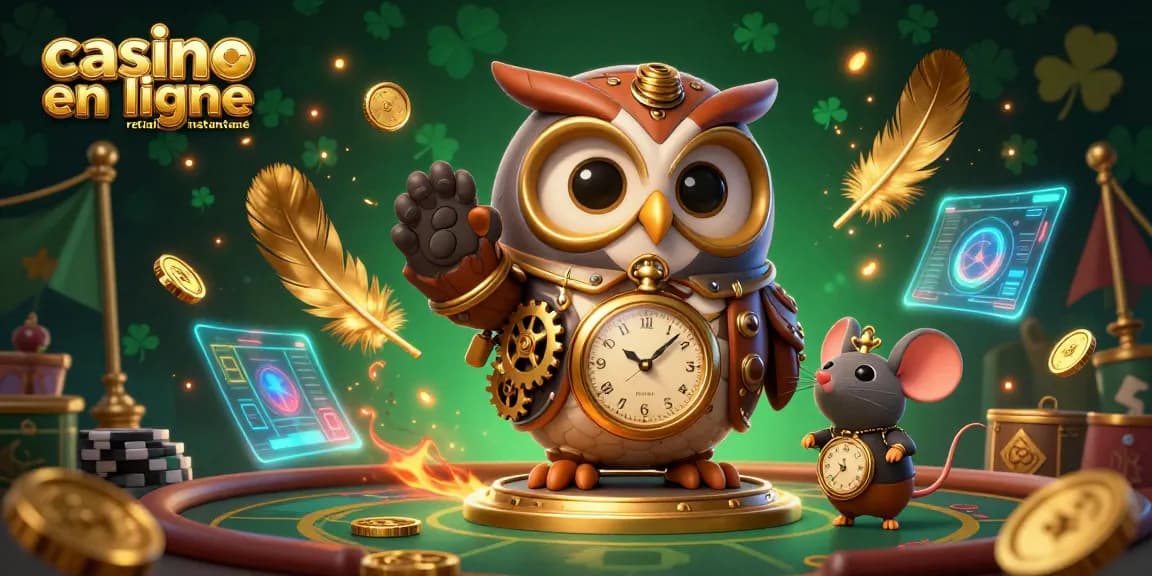 Profitez du casino en ligne retrait instantané avec une scène captivante d'un hibou voyageur et d'une souris dans un casino futuriste.