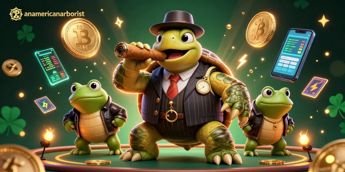 Anamericanarborist showcases a vibrant 3D scene with a snapping turtle mobster and bullfrog enforcers amidst crypto elements.