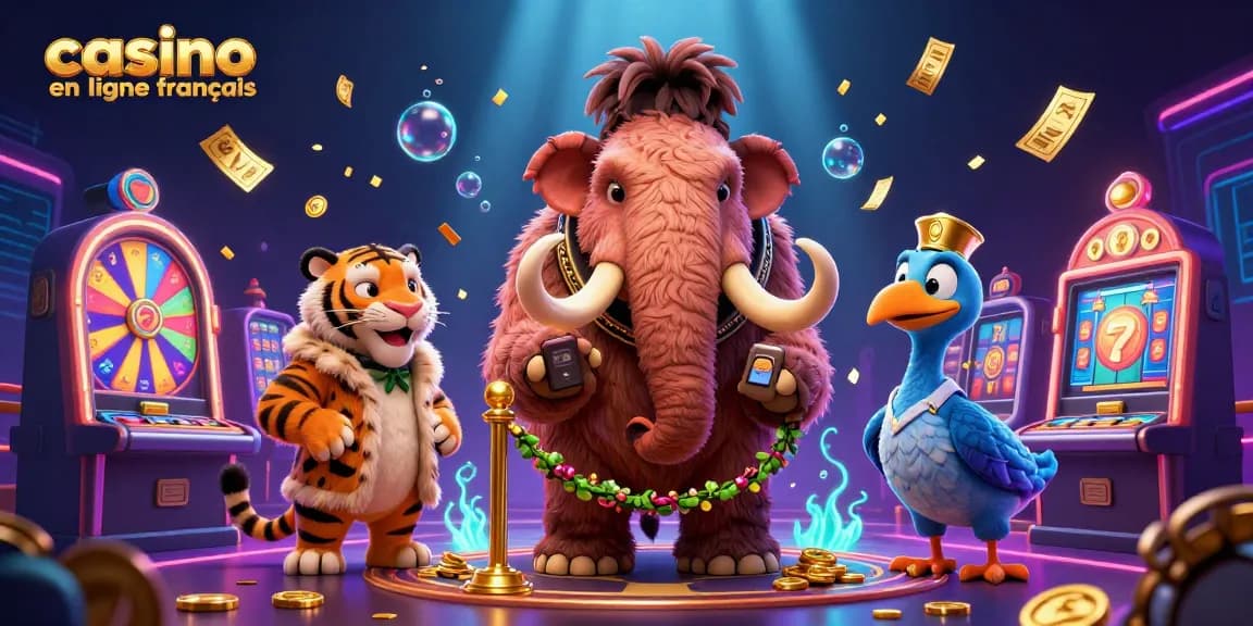 Vibrez avec le casino en ligne français pendant que des personnages animés célèbrent, mettant en avant des machines à sous et des gains.