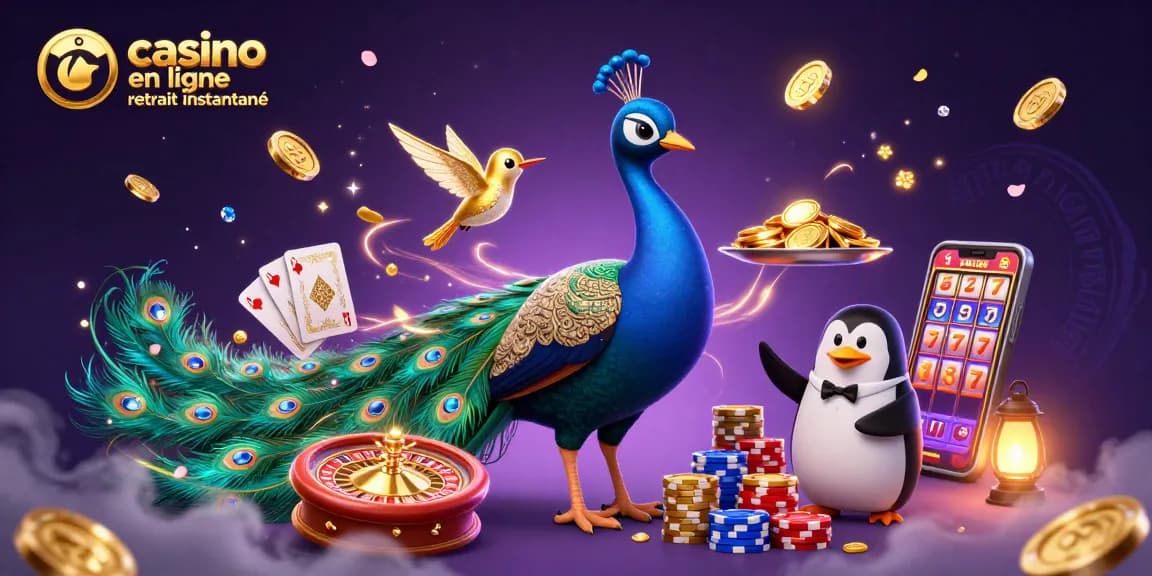 Profitez du jeu sur casino en ligne retrait instantané avec un paon aristocratique et des jetons d'or.